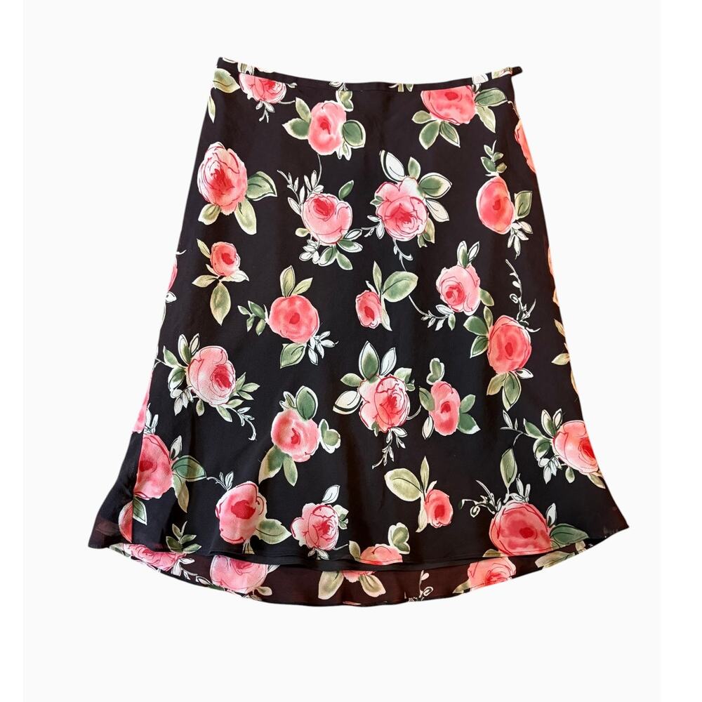 ANN TAYLOR Vintage 90s Y2K 100% Silk Slip Skirt 10 Low Rise Black Floral